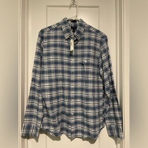 J. Crew Men’s Slim End On End Irish Linen Cotton Shirt Navy Ink Plaid